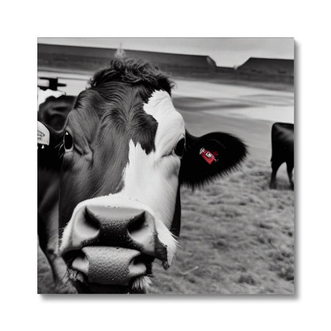 a cattle with horns and a black and white background on a cow is grazing