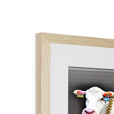 A wooden picture frame with a picture of a Holstein cow sitting on top of a