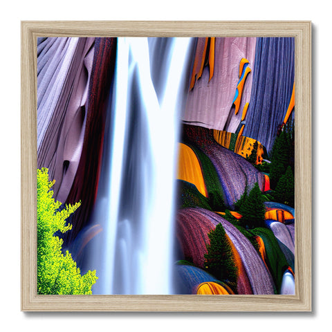 Two men looking in front of a waterfall in front a wooden art print.
