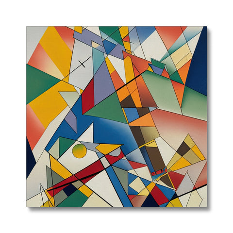An abstract design of a painting that contains geometric shapes and a bunch of clouds that are