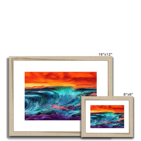 Beautiful white image of the ocean with sky above hanging next to colorful painted wooden frames