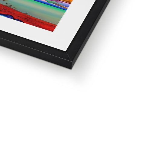 An art print in a colorful frame in front of a painting.