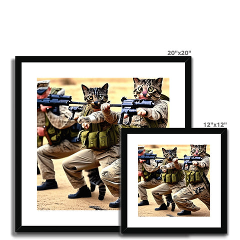 A cat in a photo frame with two men holding rifles next to each other.