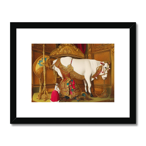 Art print of a cow riding inside of a green saddle on a horse.
