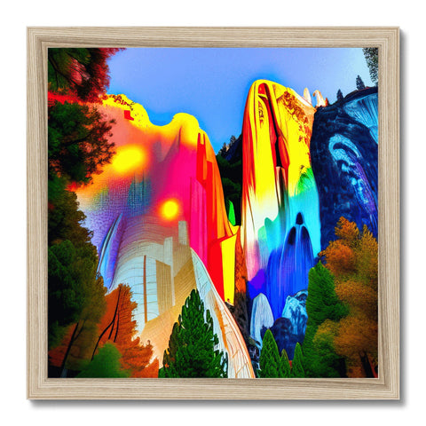 There is a rainbow in a small area decorated with art prints of redwoods next to