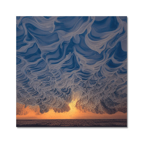 A photo on a silver wall showing waves and clouds in the sea.