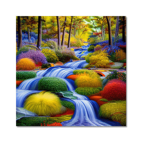 a colorful art print of a river flowing flowing down a stream.