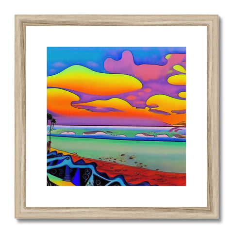 A colorful print of a sunset on a beach painted on a wooden frame.
