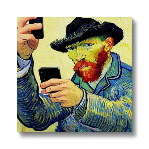 a man holding a  phone and some art printed art on it.