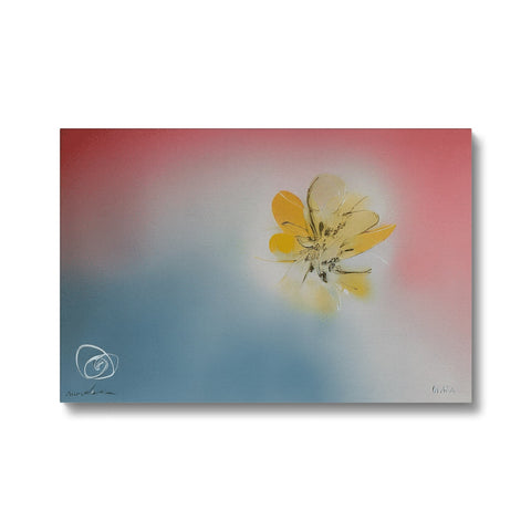 A white painted photo of a bee on a card with flowers hanging from it.