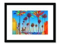 A blue watercolor print of a beach with palm trees and palm branches in a background