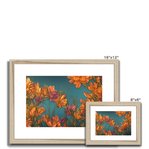 a photo of a bunch of flowers on a white background with a wooden frame