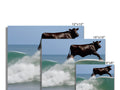 a bull on a bike riding a wave, jumping onto a whiteboard