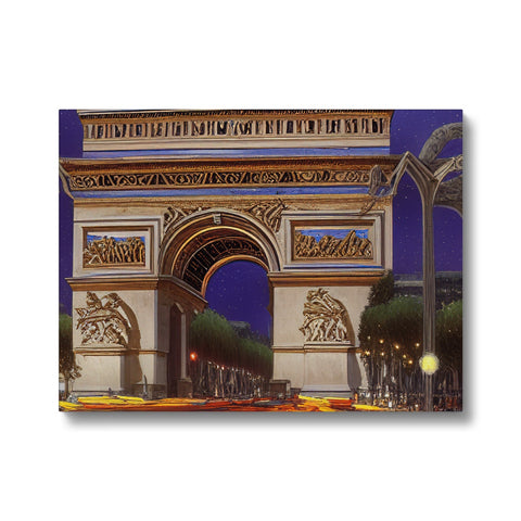 A car is sitting in front of the beautiful archway to Paris.