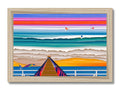 A large wooden frame with a bunch of surfboards and watery landscapes.