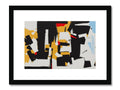 A framed print of an abstract painting hanging on a wall with a door.