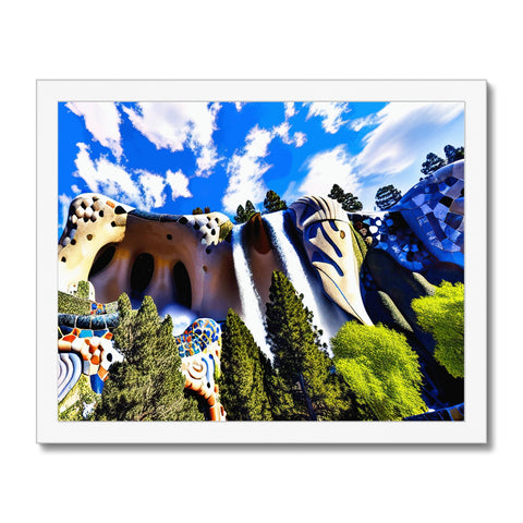 A colorful art print of a park with a beautiful view of some snowy mountains.