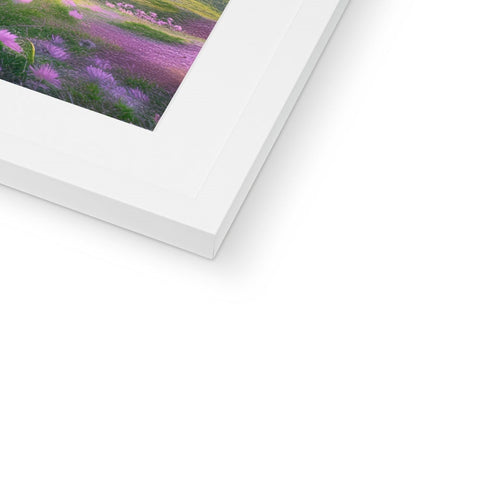 a picture of a softcover art photograph in a white frame on a table