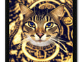 A cat standing in front of a clock with a gold decorative art print on top of
