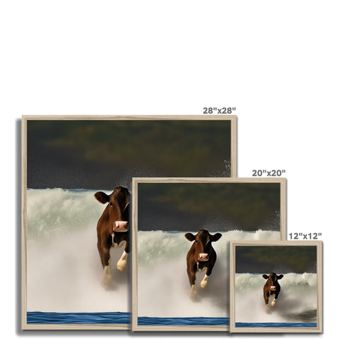 a picture frames of three cows sitting on a counter topped with a screen.