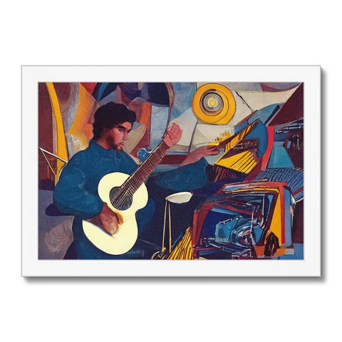 An art print depicting a guitar being played using a machine.