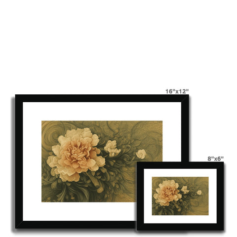 A picture frame on a white wall with three gold flowers framing a picture frame with a