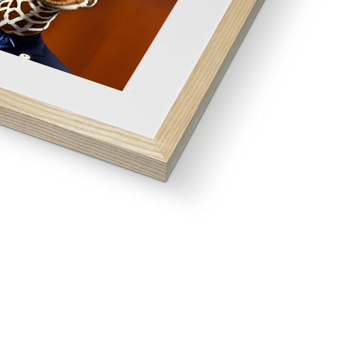 A photo of a giraffe that is on a white background of a wooden frame next