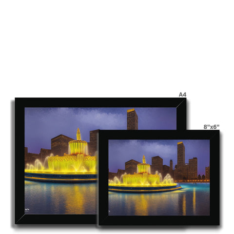 A black picture frame with colorful images of a city skyline.