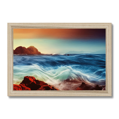 Art print framed on a beach with a crashing wave of water in the background.
