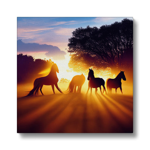 Horses running around a large grass field beside a beautiful sunset.