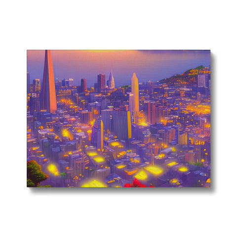 An image of an art print with various buildings in a city skyline.