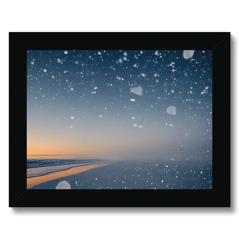 Snow covered sky filled with snow in one position with a view of frozen lake and a