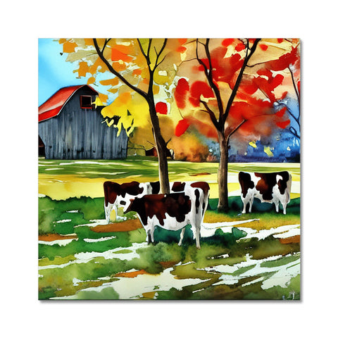 A group of cows standing on some grass next to a fence with a watercolor sunset