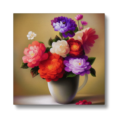A piece of art print in a vase with flowers scattered on the side.