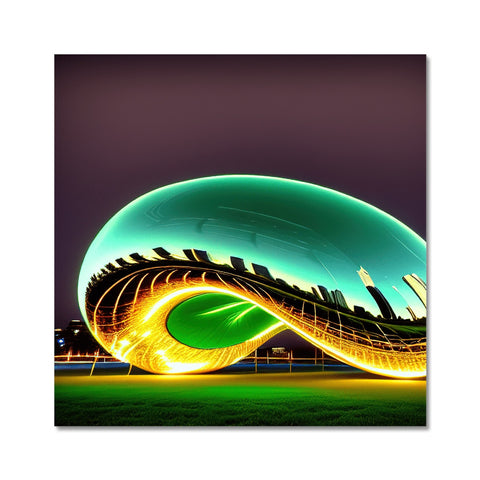 A big neon frisbee sitting on a grassy field next to an art print
