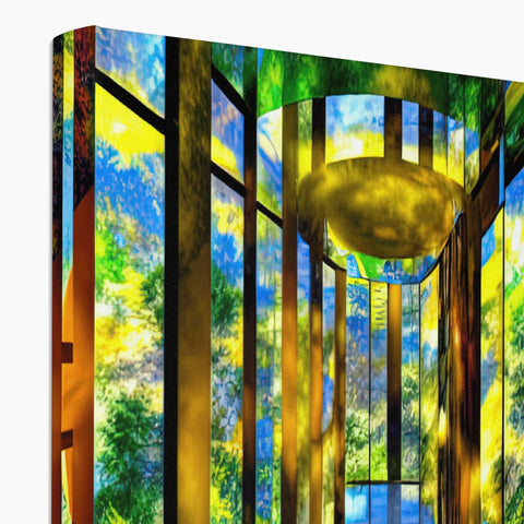 A doorway with glass doors that have a picture of a tropical forest in them.