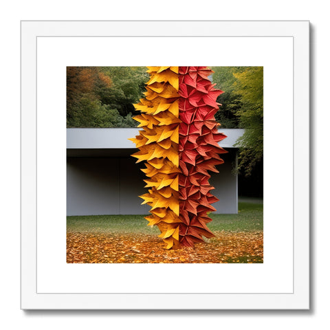 Art print with fall leaf on a building overlooking a lake while it appears as if trees