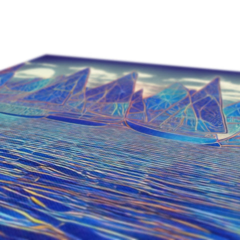 A glass surface reflecting many blue and yellow colored waters on a table.