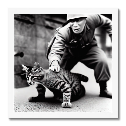 A man in a uniform touching a cat with his hand.