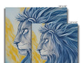 Two pictures of a lion on a ceramic tile table.