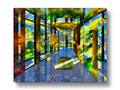 A windowed walkway with colorful tile on a walkway covered in a painting.