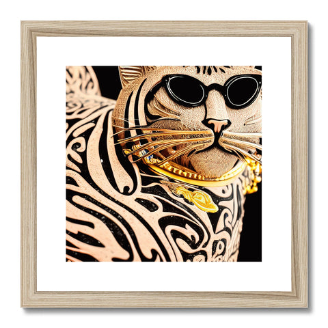 A beautiful striped cat sitting on top of a framed print.