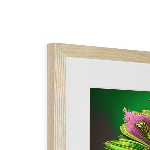 The picture is in a wooden frame with a green bird in the photo of flowers.
