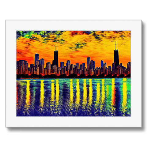 A colorful art print of Chicago that depicts a skyscape.