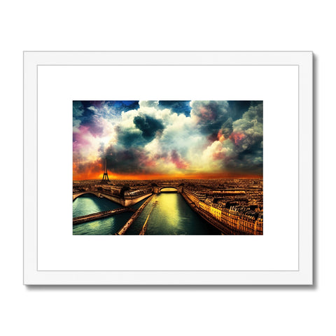 An art print of the skyline in the background of Paris with a city skyscape,