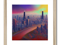 A framed art print depicting a light grey city skyline with buildings in the background of the