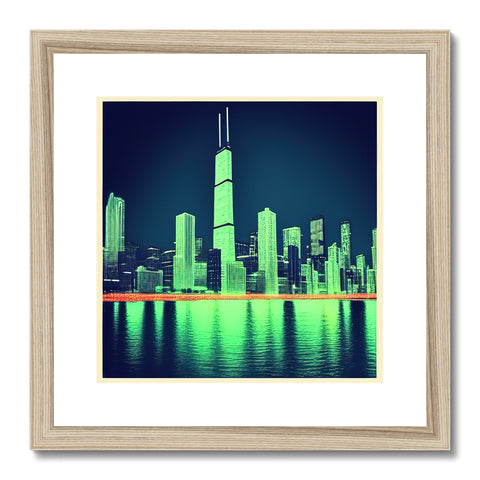 An art print on a city skyline with trees and city lights.