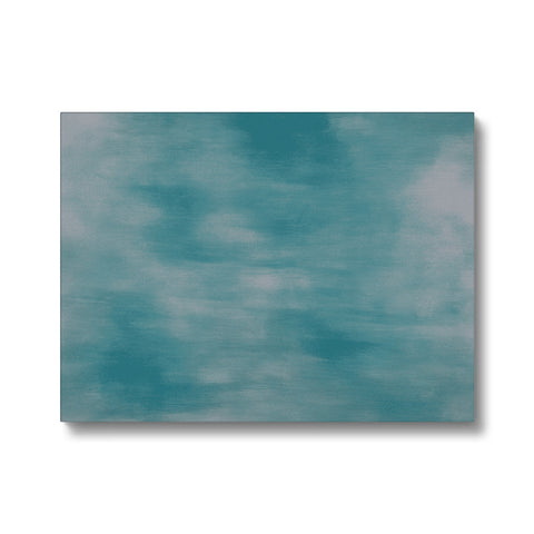 A light blue painting of a body of water in a cloudy sky with a white background