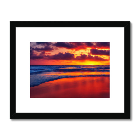A white frame holds a picture of a beach in a sunset on a white background.