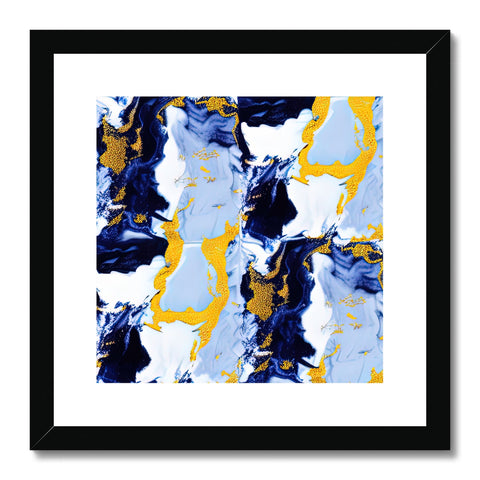 A blue and gold art print hangs on a couch and wall in the living room.